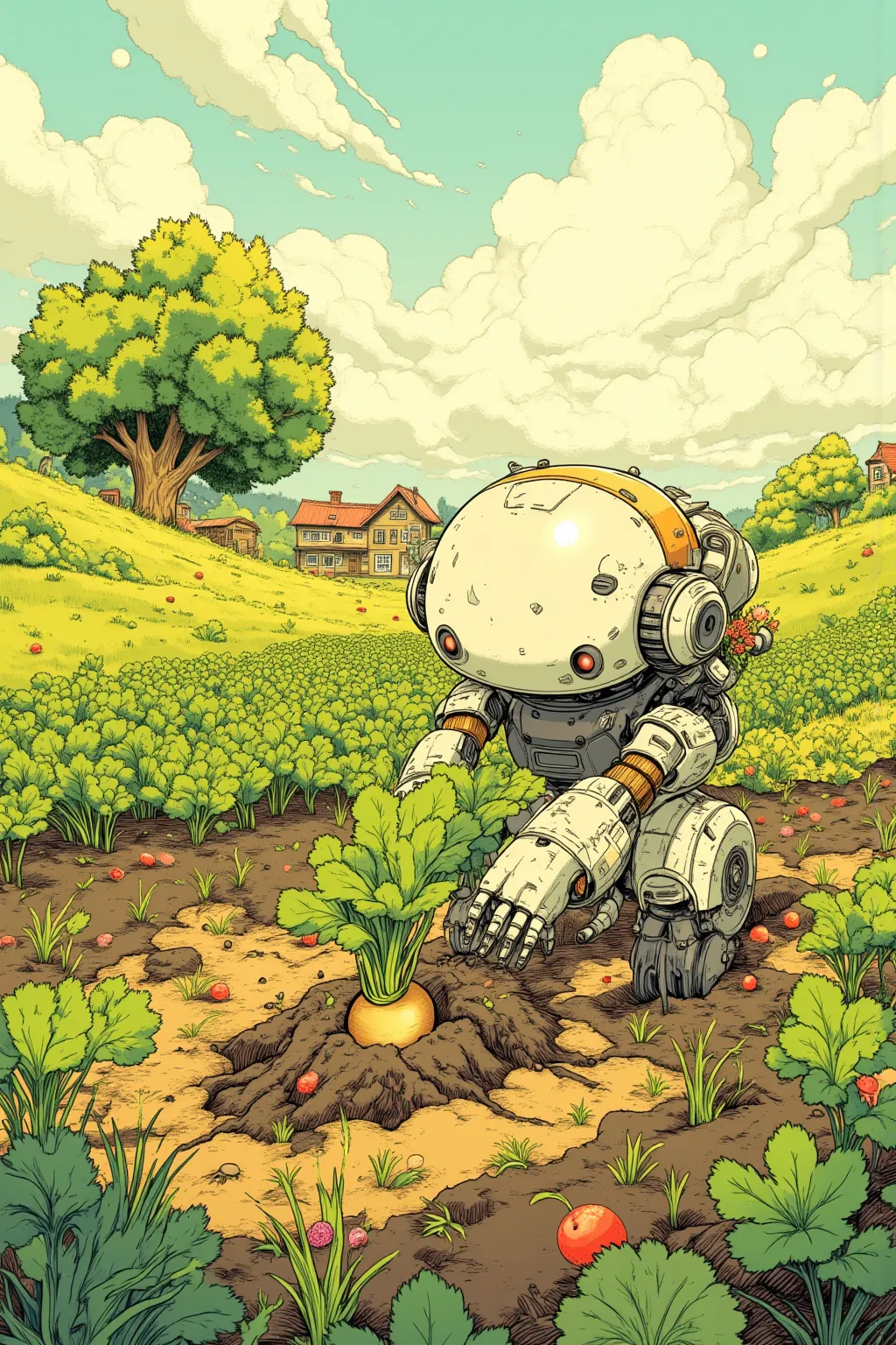 A picture of a cute robot and a small character with an animal motif grabbing a radish sprout buried in the soil in a field,Design that looks small in comparison to the radish sprouts, rounded design ,Or simple square form,Familiar shapes, bright green ,So...