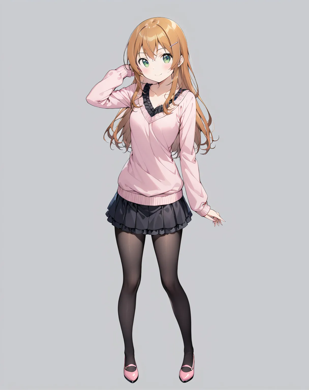 (1 girl),(Alone),

(masterpiece)、high quality、High Resolution、intricate details、4K、8k、
 grey background、
(head to toe:1.5、full body view:1.5)、At the center:1.0、

(Kirino Takasaka)、
(so beautiful:0.9)、(so cute:0.9)、
(round face)、(Brighten your face:0.7)、(大き...