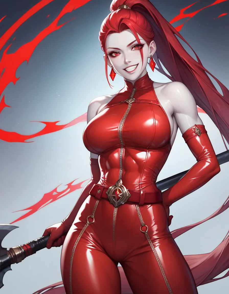 female red sleeveless latex bodysuit, red belt, red long tight pants, racerback, bare shoulders, long elbow gloves, red gloves, toned arms, beautiful faces, red ponytail with showing forehead, long ponytail, earrings, soft smooth skin, pale skin, red backg...