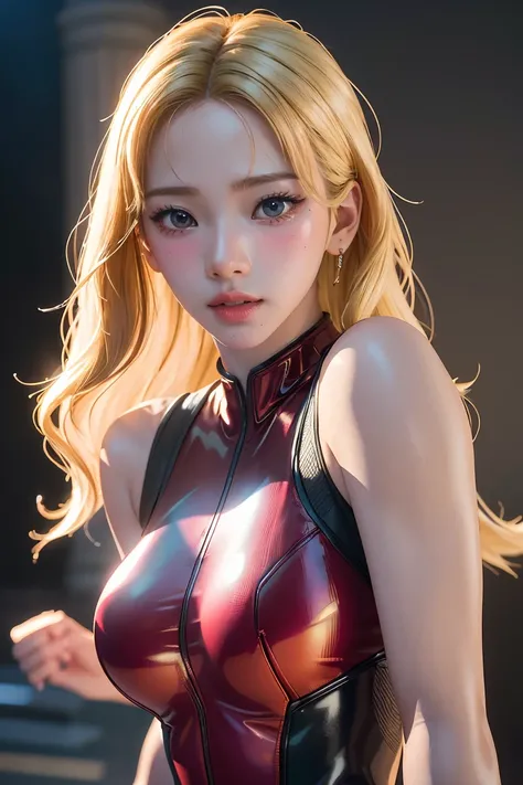 (((3d,CGI))) “cartoon art-style” realistic portrait of a sexy and busty female superhero character in the style of Deadpool, I have blonde hair., Wear tight clothing., holding a sword, Pose seductively and confidently, It is large, good figure., (best qual...