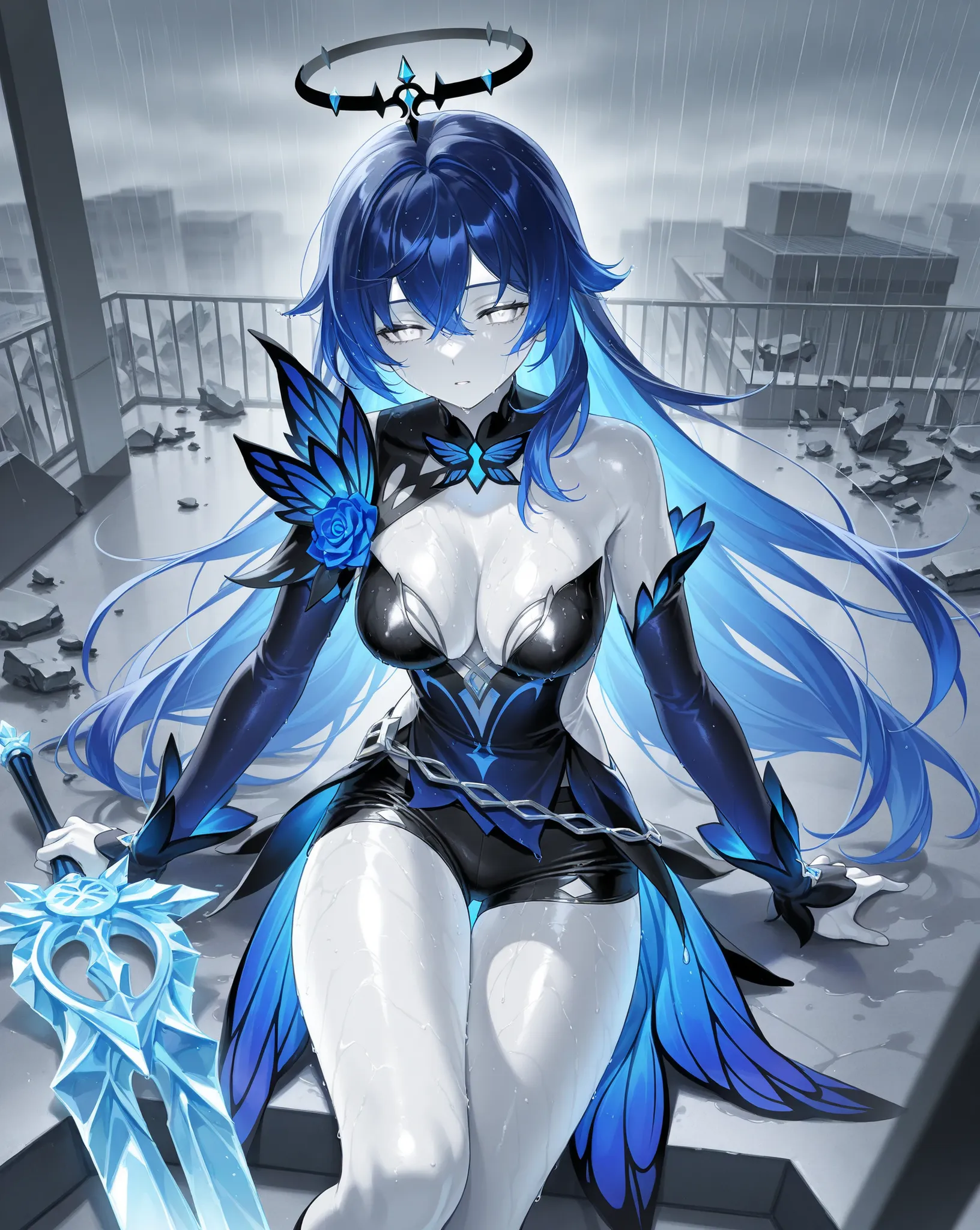 best image quality、High Resolution、 Resplendent Diamond Blue Hair 、white eyes、、rooftop、  black ice clothes、beautiful breasts、  best thighs、GalaxyAura、 long hair、best image quality、floating rubble、Black Shorts、 white skin、 the royal family、、Straight face、Wa...