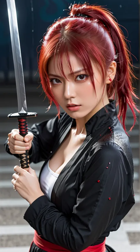  Woman in a ponytail with red hair、 with long bangs parted in the center、 red eyeshadow、Black Outfit 、shot at a dynamic angle、angry expression、 small sword tied with a white string、Blood droplets