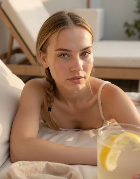 "Close-up selfie of Eden, a 23-year-old influencer from Hamburg, lying on a cozy outdoor sunbed, wearing a simple yet elegant off-white bikini. Her side braid falls gently over her shoulder as she captures the moment, the sun reflecting off her glowing ski...