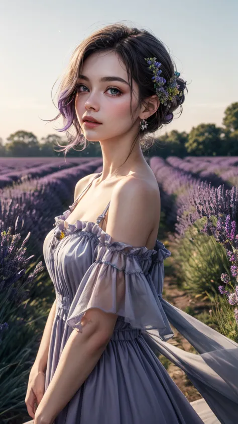 HDR, 8K, masterpiece, best_quality, absurdres, ultra-detailed, highly_aesthetic, highly_detailed_eyes, depth_of_field, realistic_body, 1woman, lavender_dress, pastel_lavender_design, delicate_lavender_wildflowers_on_dress, soft_ruffles, subtle_purple_and_y...