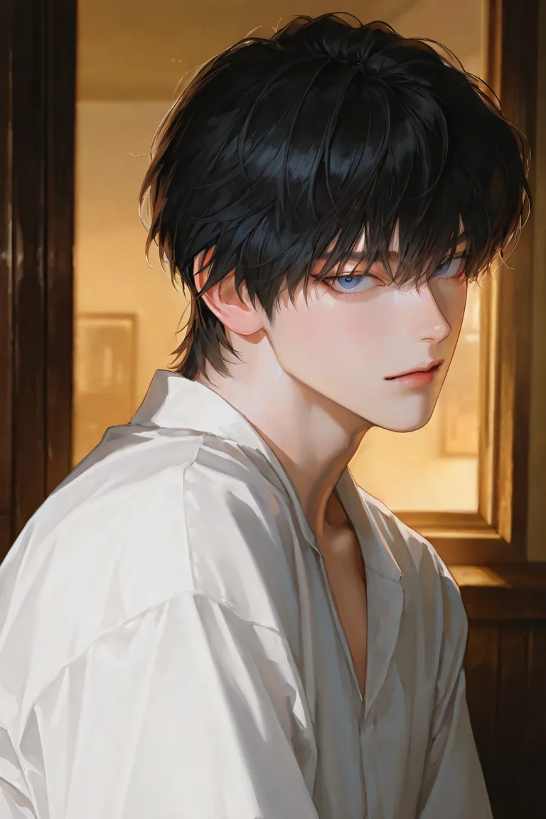 coppery skin, Alone, horror movie filter, short hair,black hair,perfect black hair, blue eyes,male focus, handsome man, expressionless, bangs, thickly painted, Semi-realistic art , Semi-realistic art style, expressive brushstrokes, vibrant brushstrokes, im...