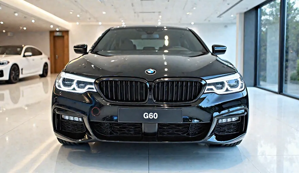 Front  view of painted black with shiny clour 2025 BMW 5 Series G60 sleek in large shape sedan in large size with BMW logo on its large detailed grille in shiny white clour with angular sporty design captured from close front  view with modified sleek head...