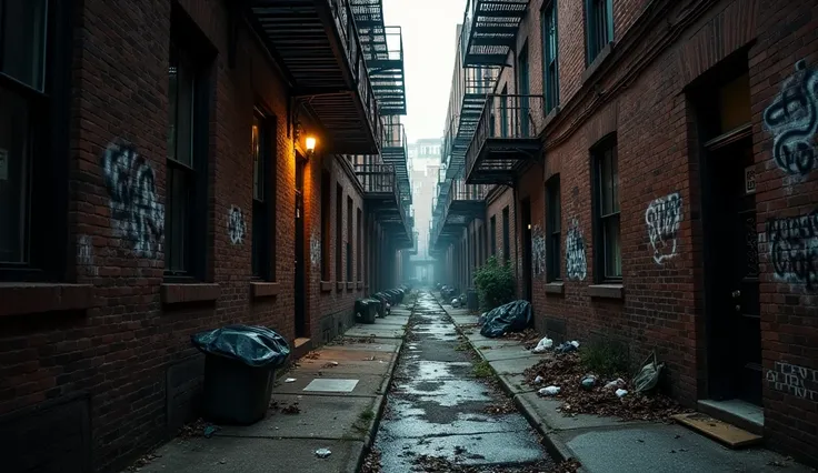 "A highly detailed, ultra-realistic photograph of a narrow, dark alley in Brooklyn. Rusty fire escapes cling to the sides of graffiti-covered brick buildings, and scattered trash litters the ground. The lighting is dramatic, with long shadows and a faint g...