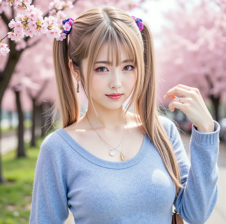 ((8K wallpaper)),((blonde hair)),((short twin tail)),((big breasts,Big Breasts)),(( beautiful Japanese girl)),((Intelligent Glasses)),((Cherry blossom background)),((colorful manicure for nails)),((earrings, necklaces)), ribbons, ((Blue lame wool dolman sl...