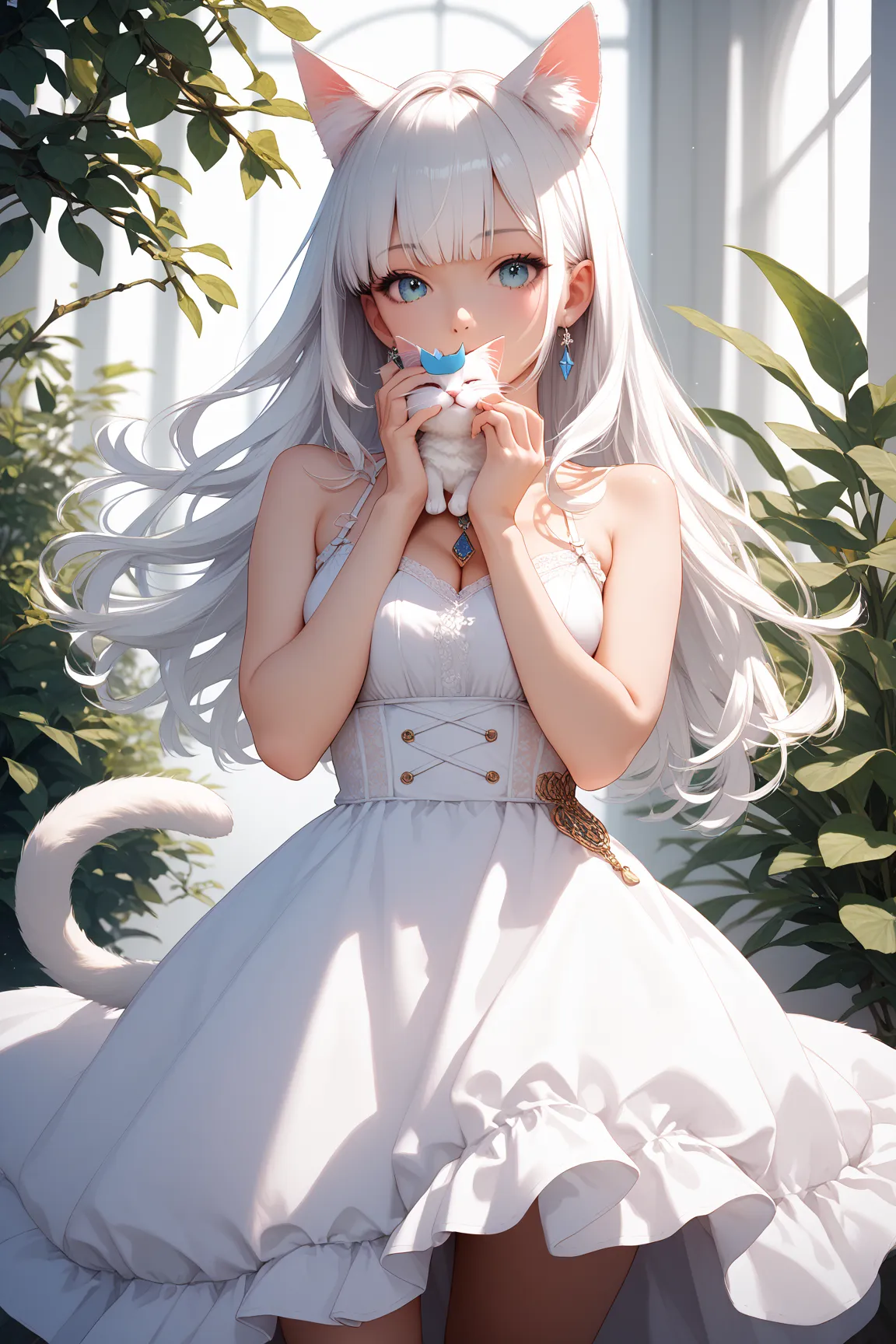 (masterpiece, best quality, highly detailed, anime style), 1girl, white cat girl, holding white cat in her arms, white cat tail, white fluffy furred cat ears, only animal ears, realistic feline ears on top of her head, white long fluffy hair covering the s...