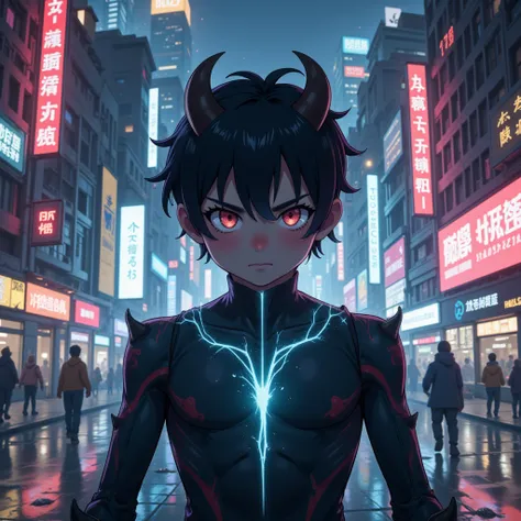 half human demon boy, night city background