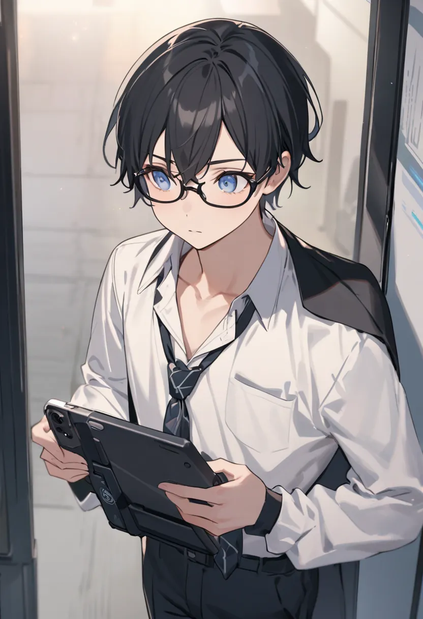 A young Japanese student of 1,70m, thin, with short and black hair, wearing thin-framed glasses. He wears a traditional Japanese school uniform: black blazer, white shirt, discreet tie and dark dress pants. His eyes convey curiosity and intelligence, alway...