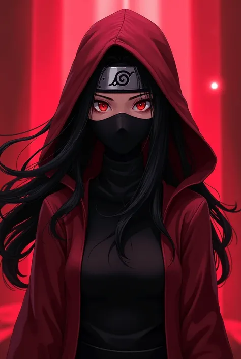 itachi version fille avec un masque noir ,des locks et un fond rouge avec une cape à capuche et le bandeau de naruto