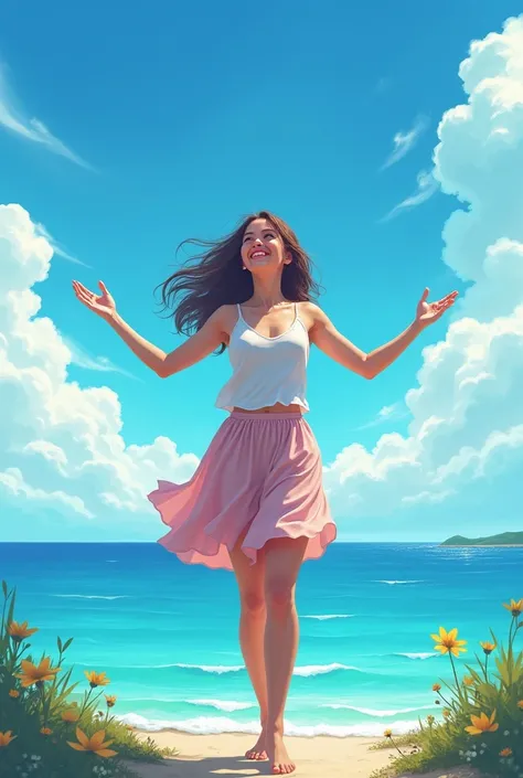 A cheerful half-realistic woman raising her hands in front of the sea with a cheerful sky symbolizing direction and purpose.