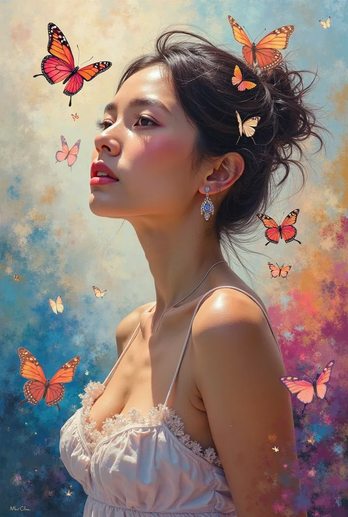 modern painting,  young and beautiful, with butterflies flying 