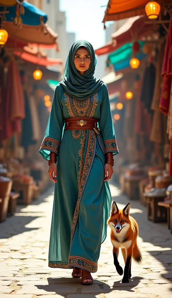 A Muslim woman walks gracefully through a bustling Arab market, surrounded by colorful stalls filled with spices, luxurious fabrics, and ornate lanterns. She wears a flowing tunic in shades of blue and gold, paired with an embroidered hijab that frames her...