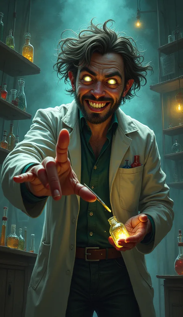 A mad scientist in a laboratory holding a brush and a bottle , about to apply it to his nails with a manic expression.