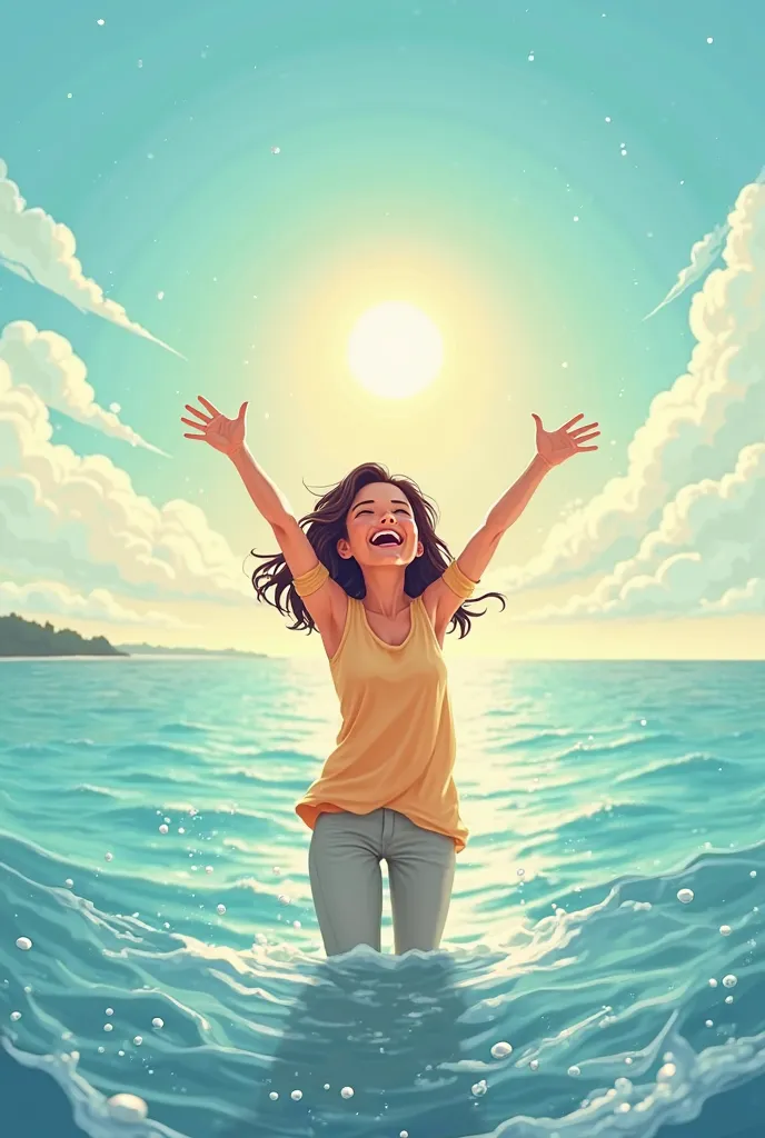 A cheerful cartoon woman raising her hands in front of the sea with a cheerful sky symbolizing direction and purpose.