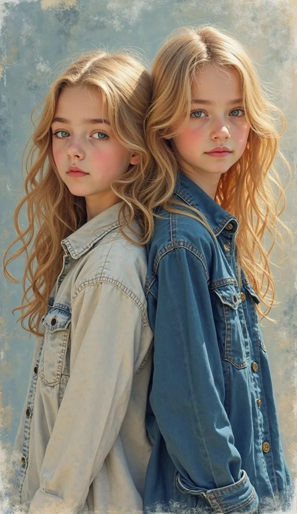  Deux jeune filles de 11 ans jumelle blonde primtemps réaliste s’enlacent realiste dans un style de peinture à l'aquarelle transparent, Eyes safe and   se concentrered .realiste ,faire preuve de prudence、 dangereux: 。Ses mouvements sont agiles、   se concen...