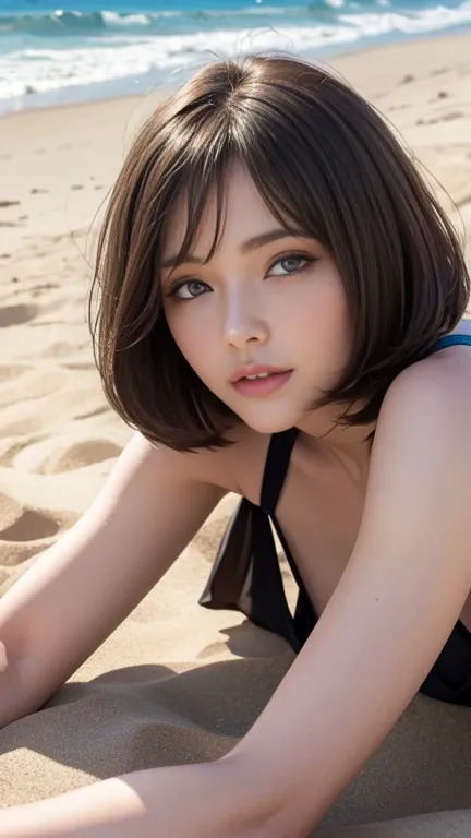 brunette girl with a long bob haircut. Lying on the sand. Waves , sand, realistic photo with clear visualization