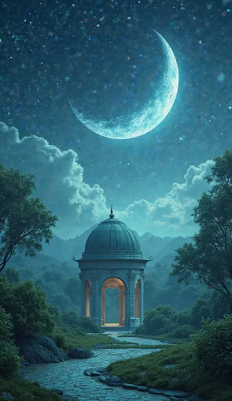 "A beautiful crescent moon shining over the Green Dome, with stars twinkling in the background. The atmosphere is filled with spiritual tranquility and divine beauty."
