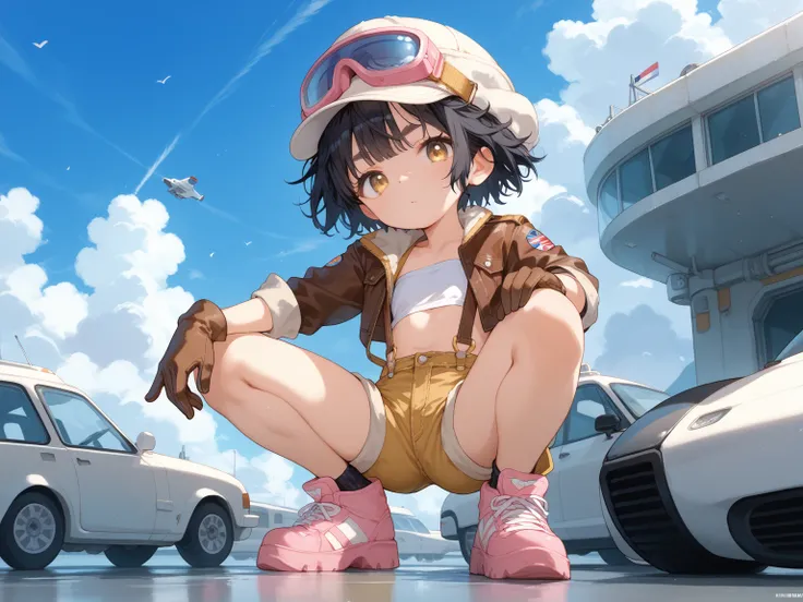 high quality,((megami magazine,anime style)),high resolution,Khaki Pilot hat,Pilot hat with goggle,Pink goggle,messy hair,cool eyes, tsurime ,very short hair,black hair,gold eyes,bushy eyebrows,smugness,white tube top,flat chest,brown leather gloves,Thumbt...