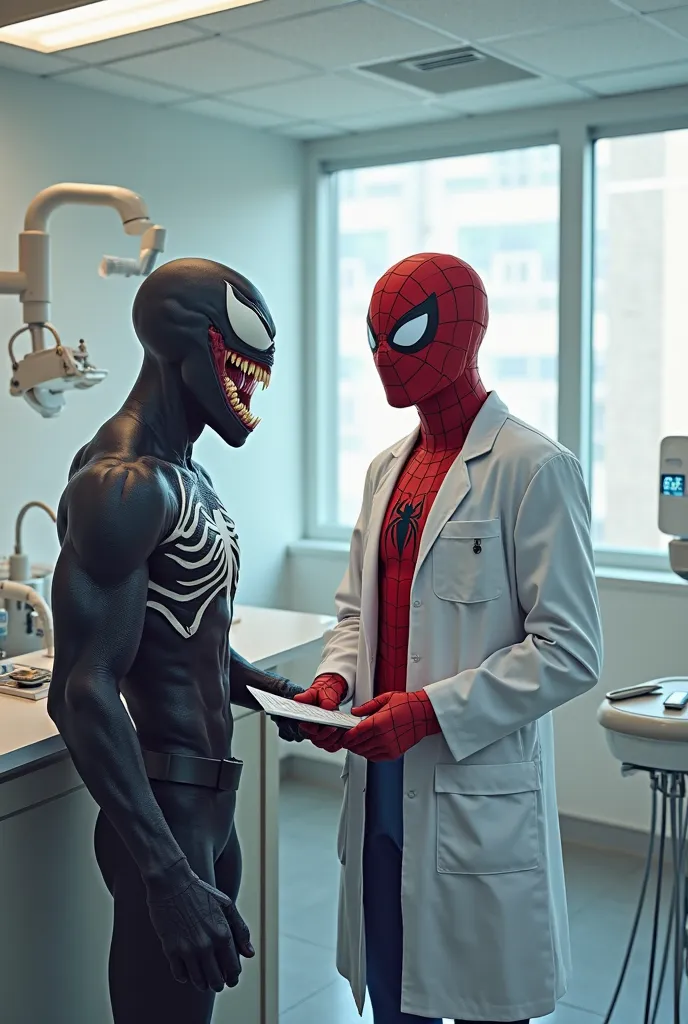 Prompt:
"A humorous and realistic scene of Spider-Man wearing a white doctor's lab coat, working as a dentist in a modern dental clinic. He is standing behind the reception desk, holding a clipboard and talking to Venom, who is waiting for his appointment....