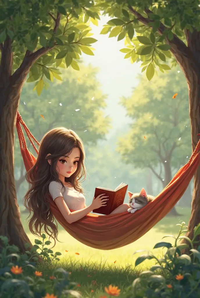    

Woman reading a book in a hammock between trees, with a kitten sleeping next to her and the sun filtered through the leaves

Realistic design style 