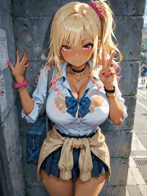 blush,gyaru, (masterpiece), (Best quality), absurdres,  (amazing quality),ultra-detailed, Perfect detail,  beautiful face, beautiful eyes, detailed background, against wall,pervert,public-exhibitionism,school_uniform,