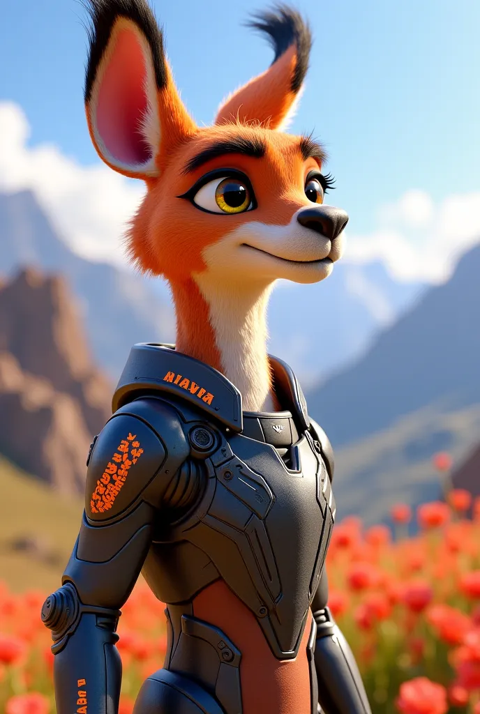 Create a Peruvian vicuña, Zootopia style,  In a cinematic setting , with Peruvian flag in the background, with modern armor