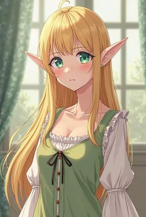 You can generate an anime character, You must have long blond hair/dorado, Light-colored eyes like light blue, The greens, pointed elf ears, an old-fashioned dress, a face and a look something , with pale or white skin, Big eyes and thin face, Do it full-b...