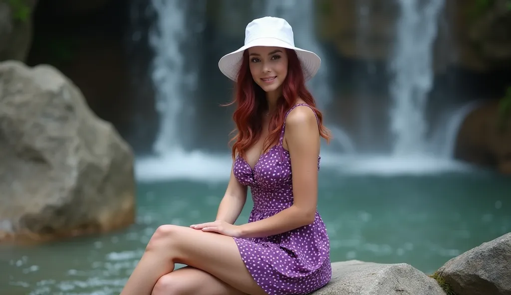 germany girl, 20 years old, sweet smile, burgundy hair, feminim, slim body, huge breast, perfect thigh, short dress (purple and white polkadot), wearing a white bucket cap, sit on stone, side of waterfall, background waterfall stones, realistic photo, 4k