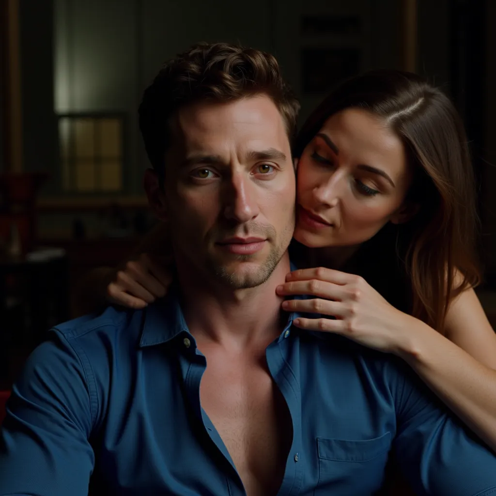 A man is sitting facing the camera, he has a blue shirt with several buttons unbuttoned, from behind a woman . she is close to the man, her hands are buried in the man's hair. she kisses his neck, looking at the camera,  passion , cinematic,High Detail, Pr...