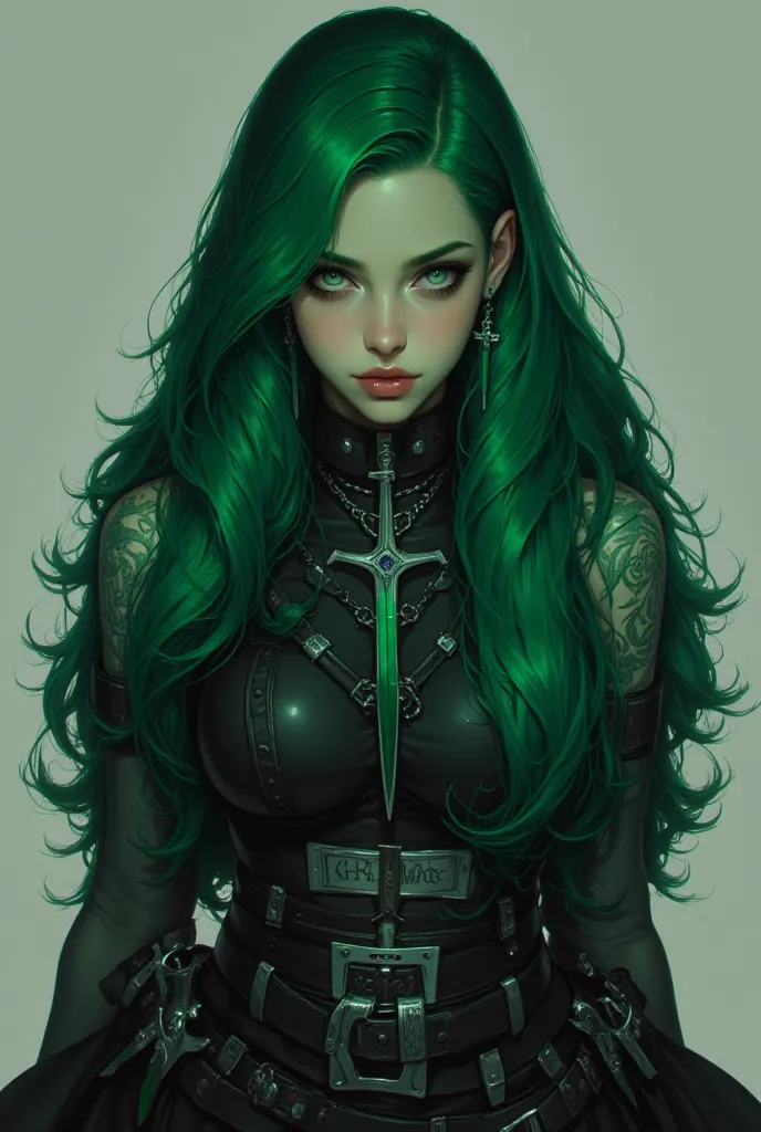 The protagonist. She has long, emerald green hair, white eyes and wears dark, rebellious clothing with several daggers on her belt.  Her facial expression is mysterious .