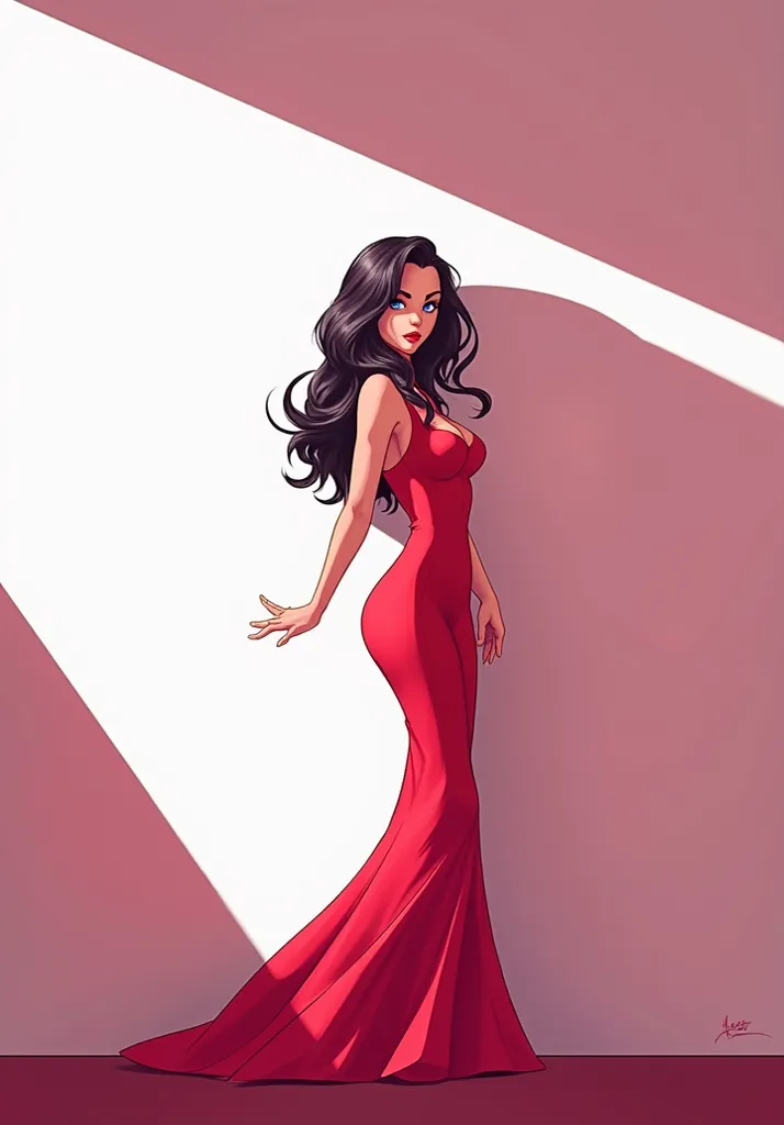 a young woman, beautiful, Blue-eyed and jet-black haired, wearing a tight red dress , big hips,  smiling 