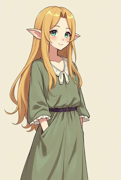 You can generate a small character, Male anime , You must have long blond hair/dorado, Light-colored eyes like light blue, The greens, pointed elf ears, an old-fashioned garment, a face and a look something , with pale or white skin, eyes and a thin face, ...