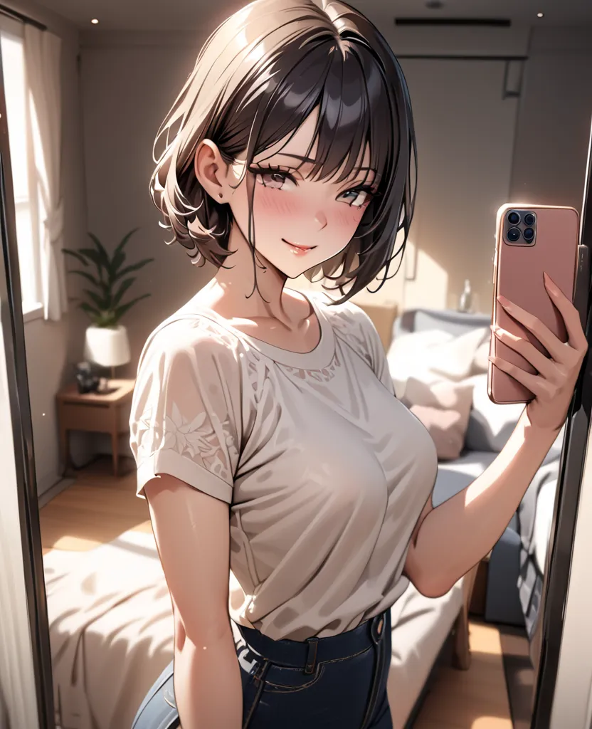 ((masterpiece, best quality)), short-haired woman, selfie pose, phone camera, gentle smile, feminine charm, casual wear, soft lighting, indoor setting, (high quality, photorealistic:1.2), natural expression, delicate features, smooth skin texture