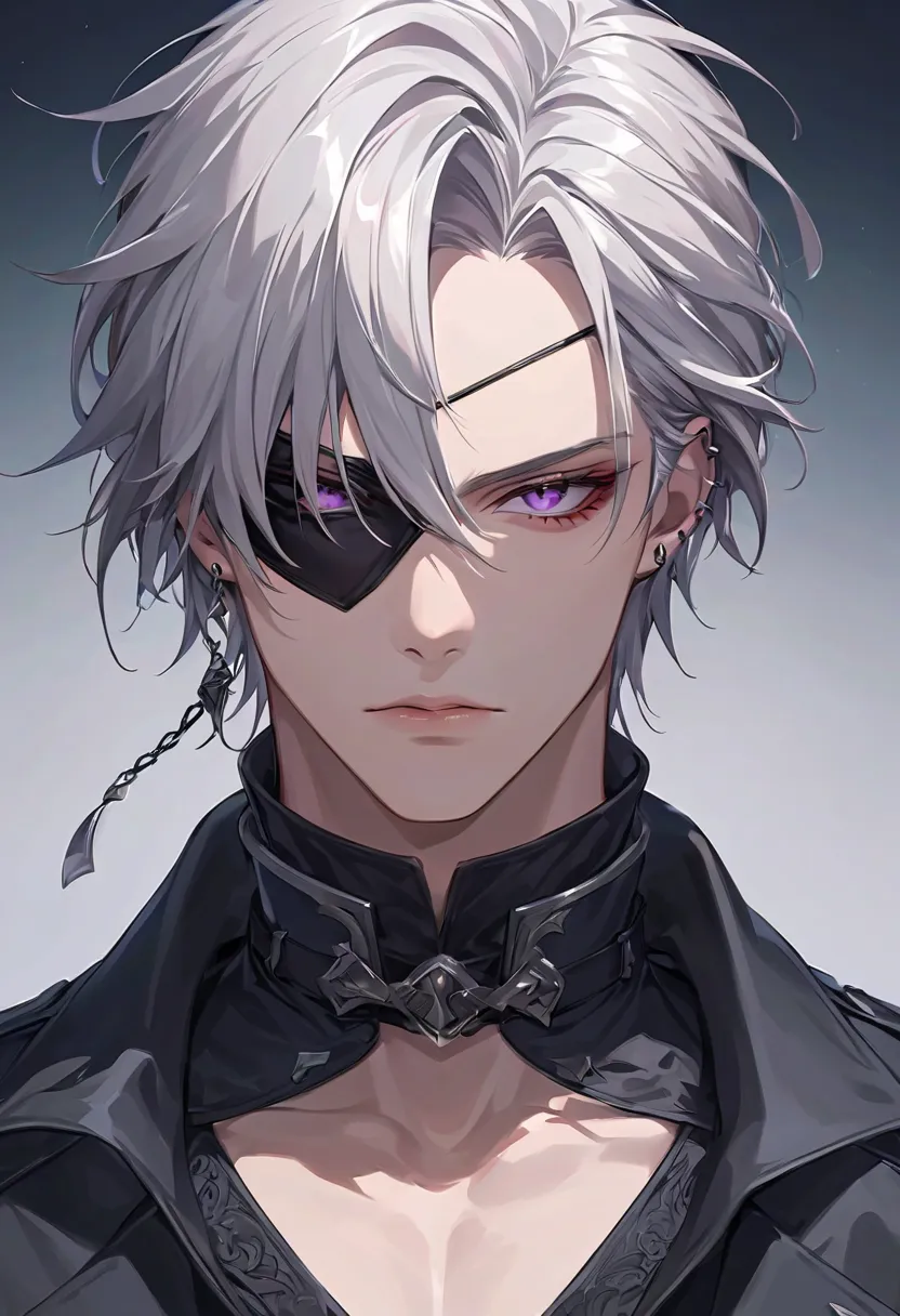 A highly detailed, ultra-HD anime-style illustration of a male bounty hunter character. His hair is depicted with silky highlights and vivid texture, each strand flowing intricately and realistically. His hair is a deep silver with subtle dark undertones, ...