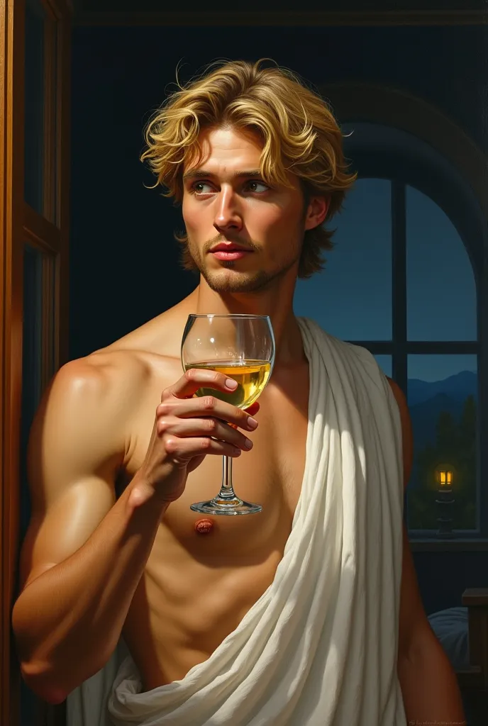 The image of a semi-realistic painting of a young man with golden hair and amber eyes, he wears a white Greek robe that reveals part of his chest and strong arms, He is drinking a glass of white wine while looking out the window at the dark night 