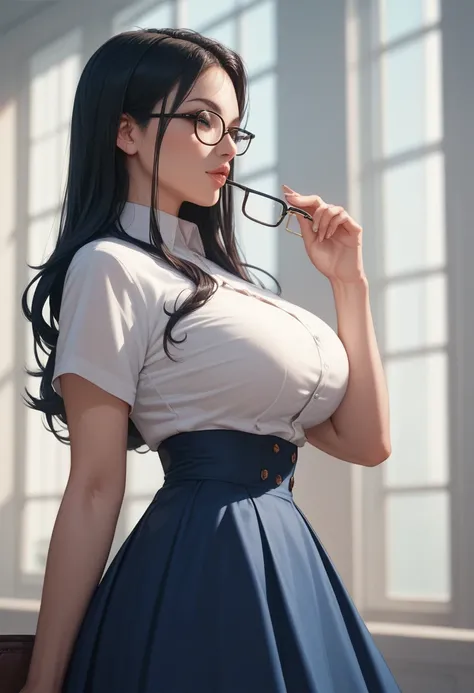 1girl, breasts, skirt, long hair, glasses, solo, black hair, high-waist skirt, shirt, blue skirt, white shirt, large breasts, tented shirt, short sleeves, lips, (from side)