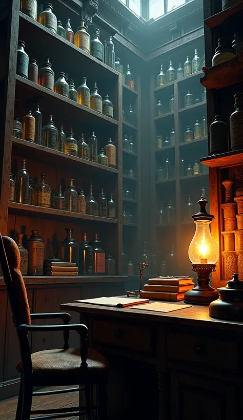 A Victorian doctor’s office, dimly lit, with shelves full of mysterious medical books and glass bottles.