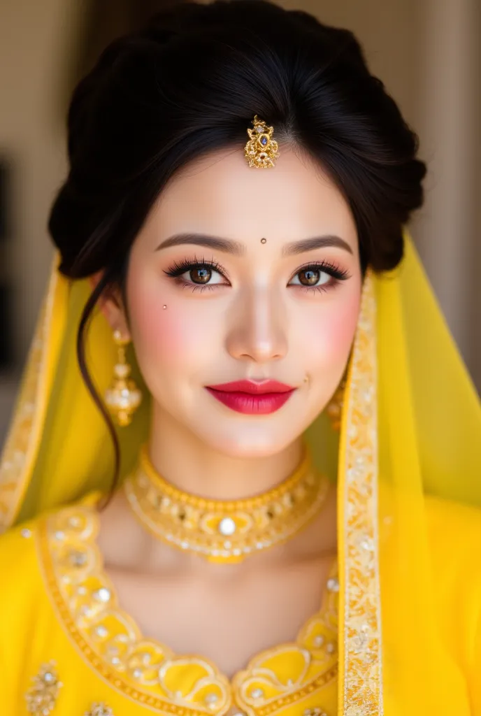 Portrait style image featuring a woman with fair skin and dark hair styled in an elegant updo. She is wearing a vibrant yellow traditional outfit adorned with intricate gold embroidery and embellishments. Her makeup is meticulously applied, with bold red l...