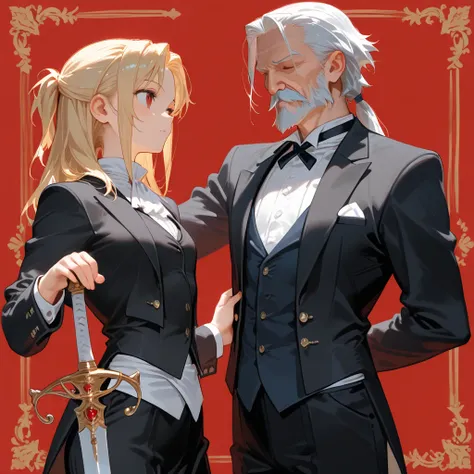 masterpiece, best quality, high resolution, anime, grandfather, butler, sword, red background