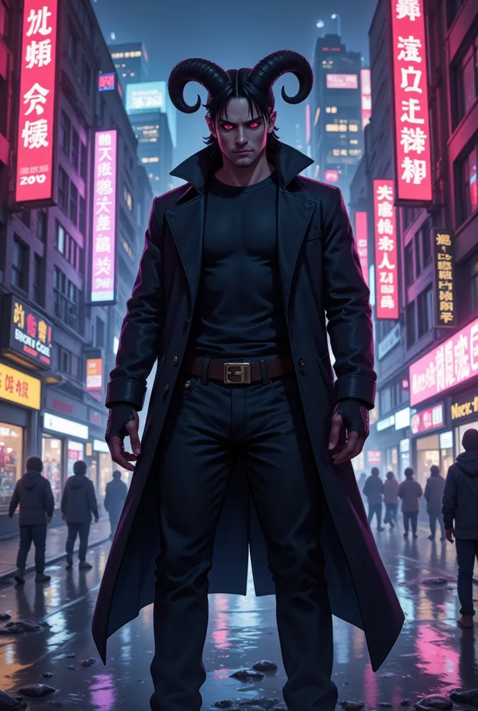 half human demon man in his 20s, night city background, wears a plain black t-shirt with a long black overcoat and a pair of black baggy jeans