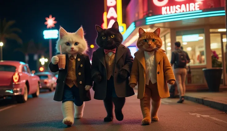 Three ultra-realistic cats, one white, one black and one orange, all three cats are dressed in coats and pants. The trio walks down Ocean Drive at night, surrounded by neon lights and classic cars. The black cat tries a milkshake while the others look at t...