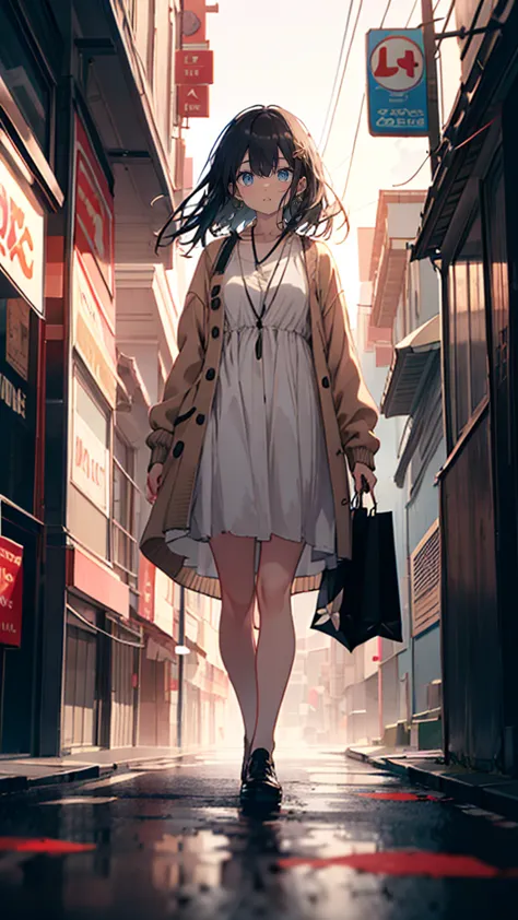 A gentle but anxious age girl with semi-long black hair, wearing a long beige cardigan over a simple dress, standing in the middle of an old shopping district at dusk, surrounded by closed-down stores with faded signs, dim streetlights casting flickering l...