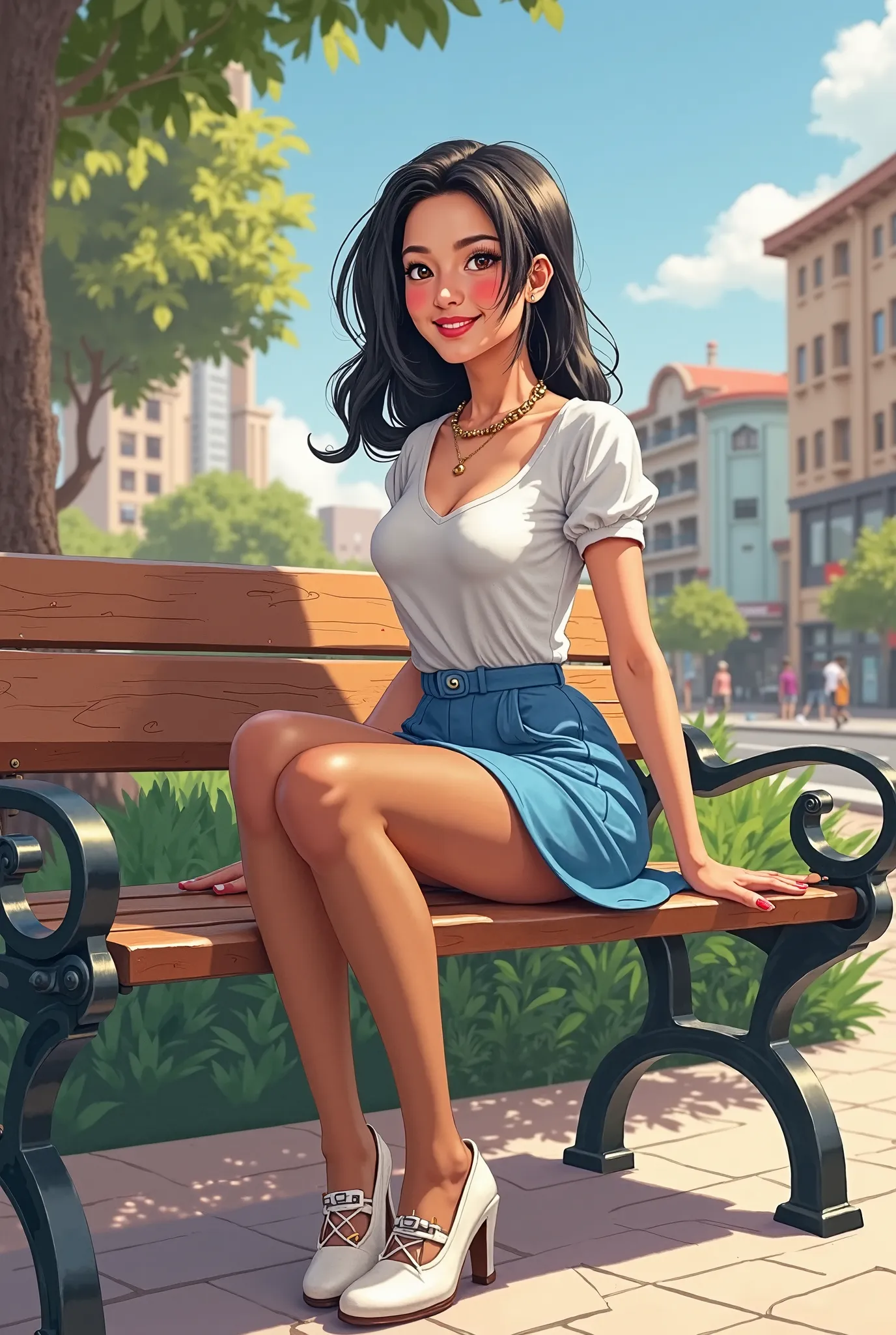 Tip: A very lovely Asian American being happy alone on a park bench in Downtown San Diego in the sun… The illustration is a high definition illustration with 4k resolution., with highly detailed facial features and cartoon style visuals, white shirt, blue ...