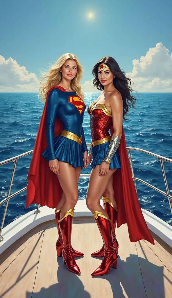 "A vivid painting captures the moment when Supergirl and Wonder Woman are on a luxurious yacht, surrounded by a stunning backdrop of ocean and clear blue sky. They stand at the bow, looking directly at the camera with confident and warm smiles, as if biddi...