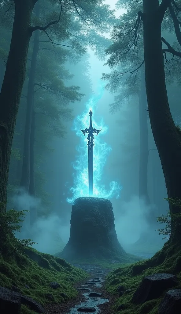 A mystical forest clearing with a glowing sword embedded deep in a massive stone, mist swirling around it, evoking an air of mystery and legend.