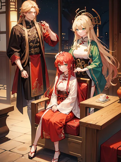 Beautiful red-haired girl with green eyes and loose waves is sitting on a chair、A tall, cool man with long blond hair massaging his scalp with both hands from right behind、Ancient Chinese style clothing and pants