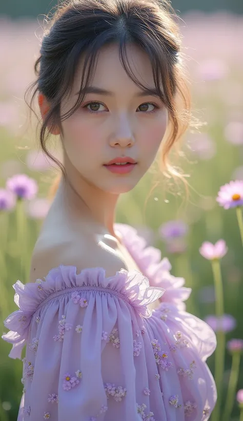 HDR, 8K, masterpiece, best_quality, absurdres, ultra-detailed, highly_aesthetic, highly_detailed_eyes, depth_of_field, realistic_body, 1woman, lavender_dress, pastel_lavender_design, delicate_lavender_wildflowers_on_dress, soft_ruffles, subtle_purple_and_y...